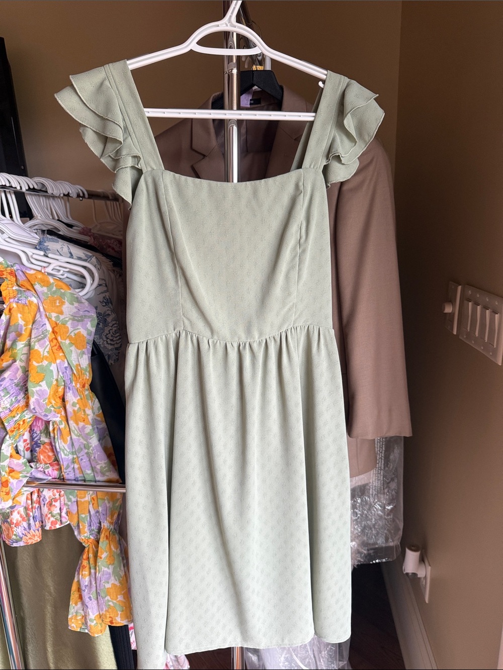 Women’s Square Neck Ruffle Strap Dress in Sage Green